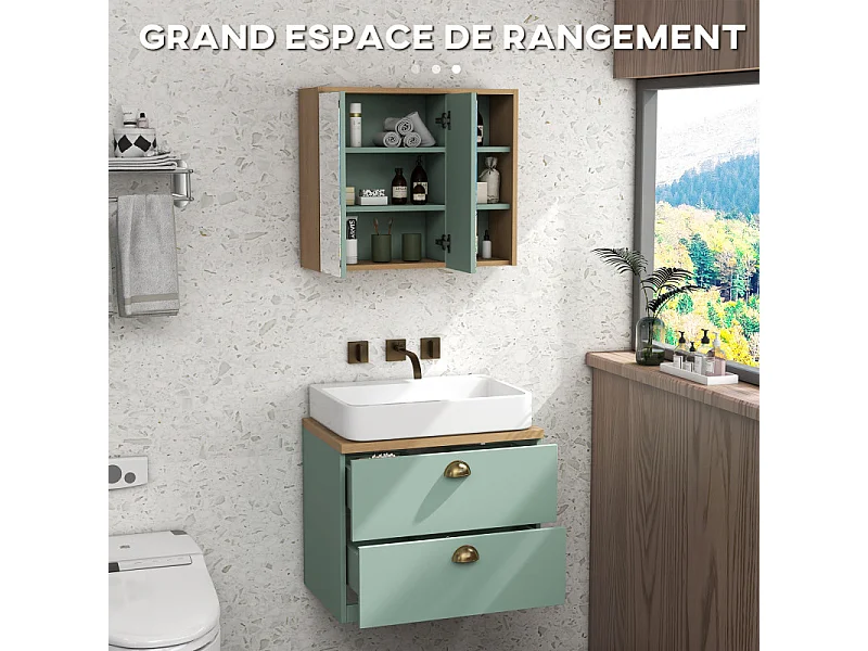 Ensemble 2 meubles salle de bain LUCIANO bois clair et vert