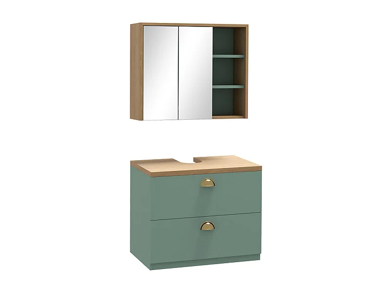 Ensemble 2 meubles salle de bain LUCIANO bois clair et vert