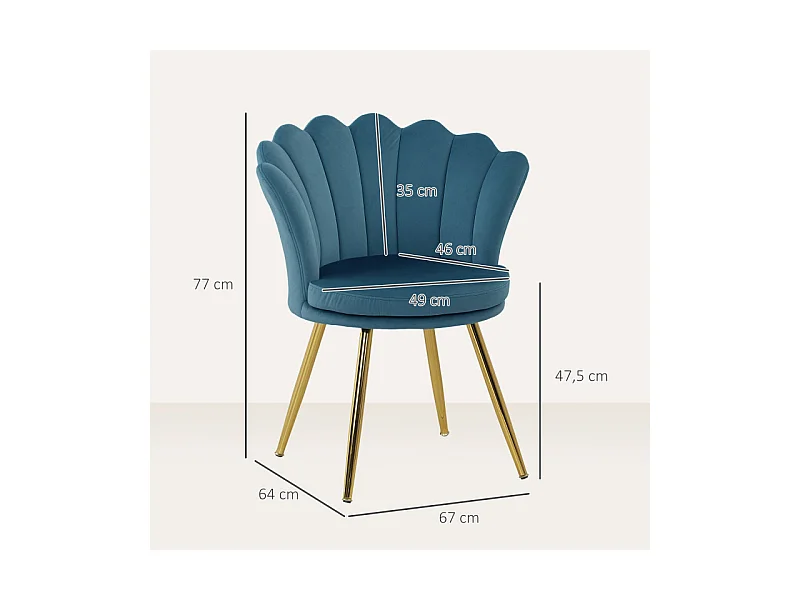 Chaise design coquillage GIULIETTA velours bleu