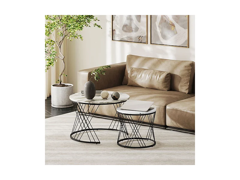 Lot de 2 tables basses gigognes rondes LYRA effet marbre gris