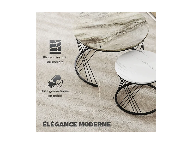 Lot de 2 tables basses gigognes rondes LYRA effet marbre gris