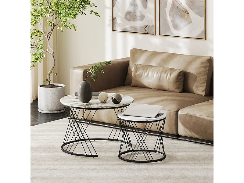 Lot de 2 tables basses gigognes rondes LYRA effet marbre gris