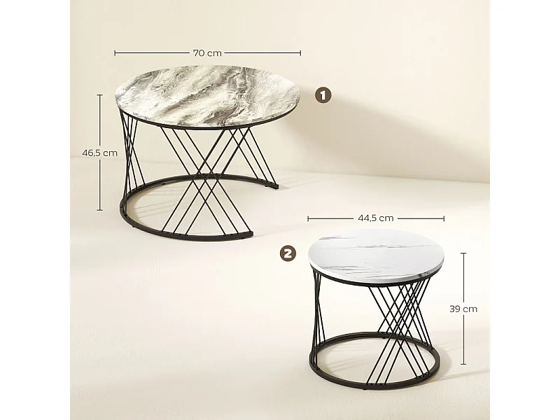 Lot de 2 tables basses gigognes rondes LYRA effet marbre gris