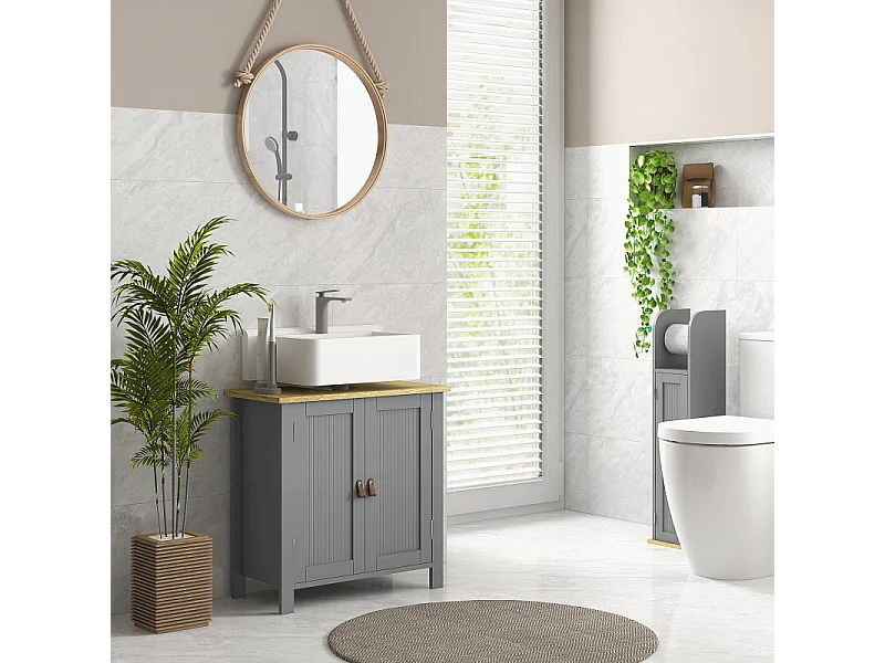 Meuble sous-vasque sur pieds 2 portes COSIMO bois clair et gris