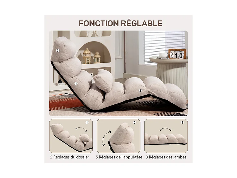 Fauteuil paresseux convertible LIZARO aspect lin beige