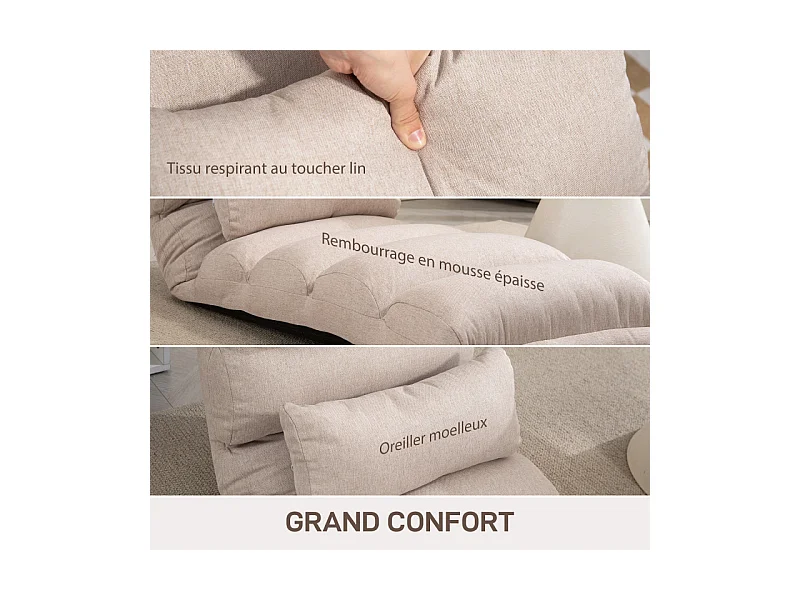 Fauteuil paresseux convertible LIZARO aspect lin beige