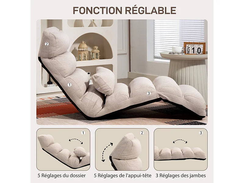 Fauteuil paresseux convertible LIZARO aspect lin beige