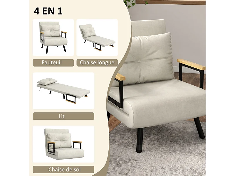 Fauteuil convertible 3 en 1 MIRA velours crème et bois