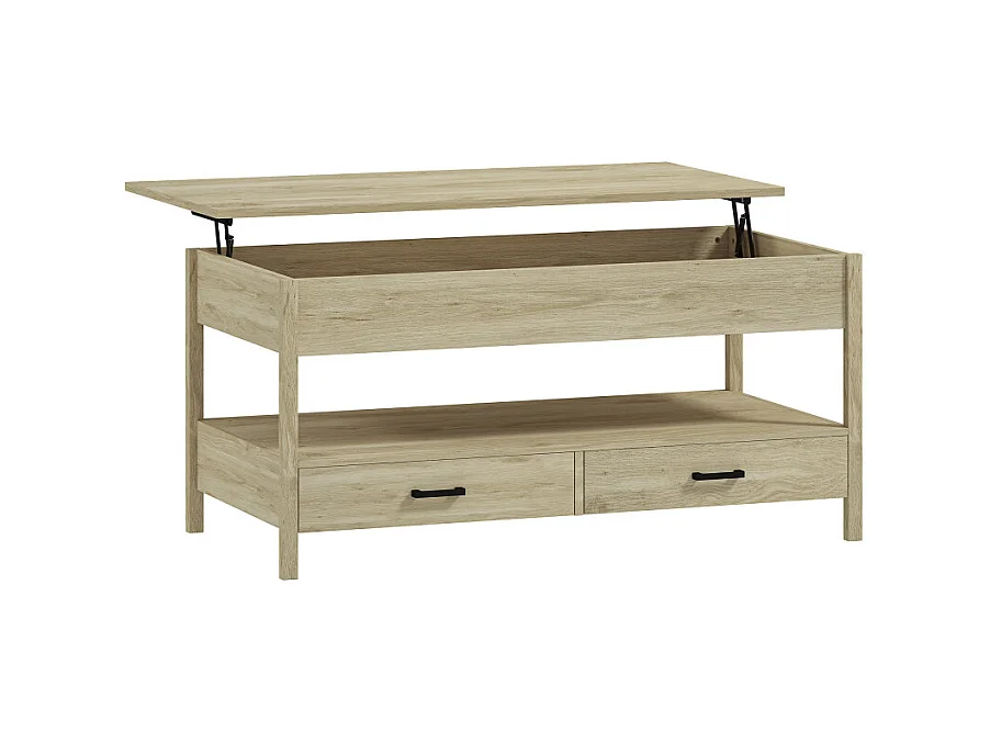 Table basse relevable 2 tiroirs étagère NORA effet bois clair