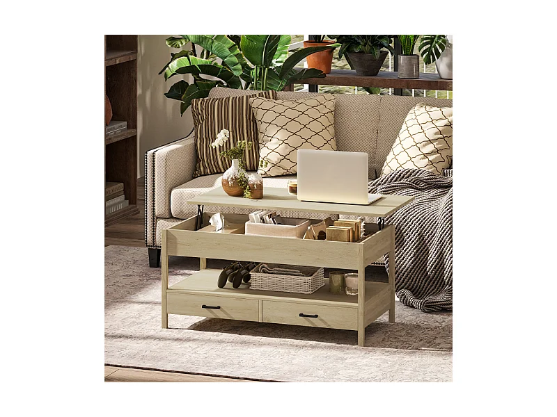 Table basse relevable 2 tiroirs étagère NORA effet bois clair