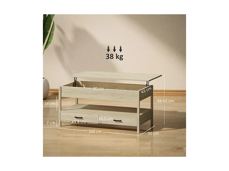 Table basse relevable 2 tiroirs étagère NORA effet bois clair