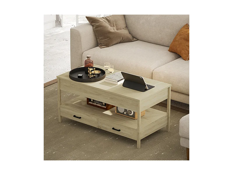 Table basse relevable 2 tiroirs étagère NORA effet bois clair