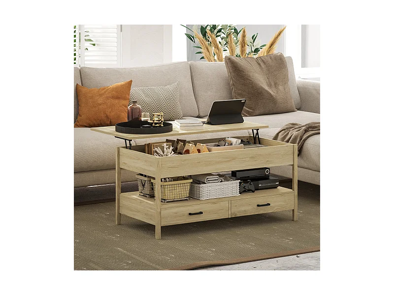 Table basse relevable 2 tiroirs étagère NORA effet bois clair