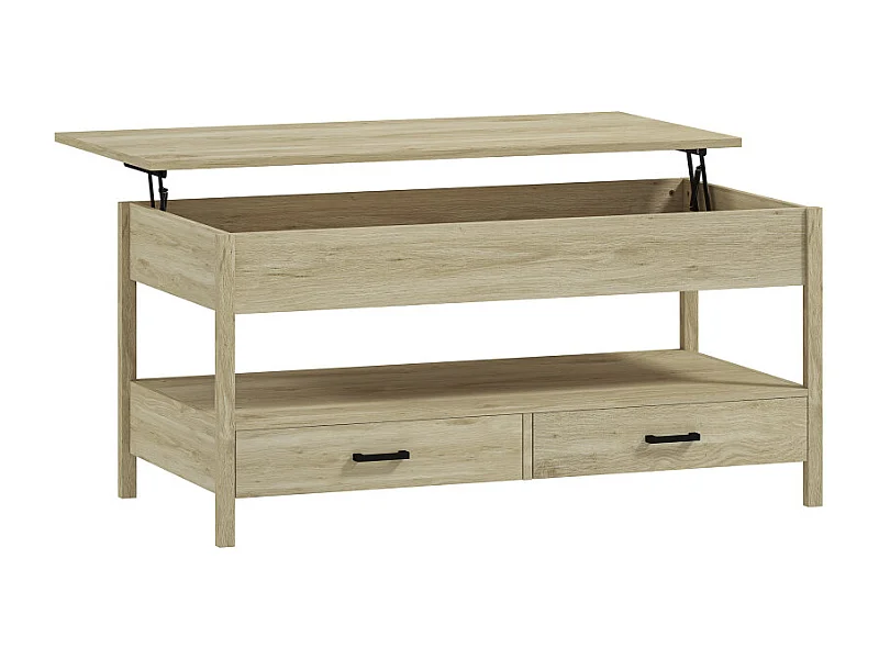 Table basse relevable 2 tiroirs étagère NORA effet bois clair