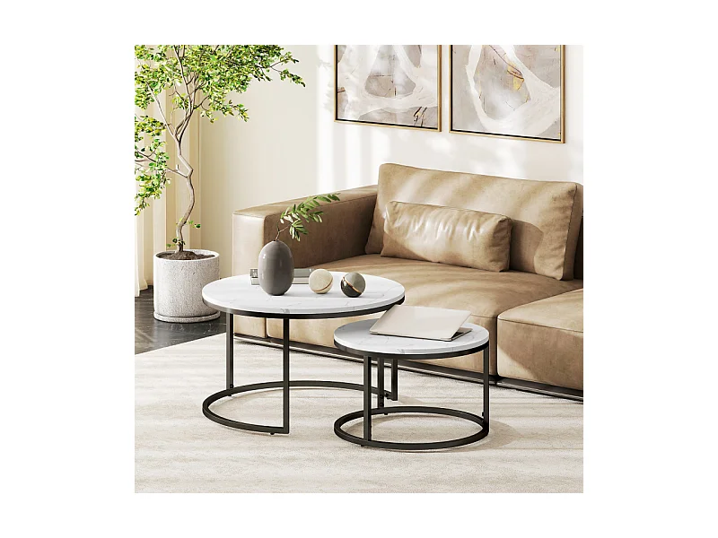 Lot de 2 tables basses rondes gigognes empilables LIORA blanc