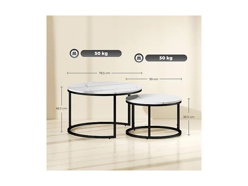 Lot de 2 tables basses rondes gigognes empilables LIORA blanc
