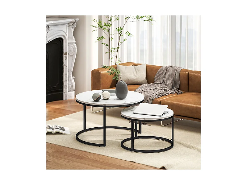 Lot de 2 tables basses rondes gigognes empilables LIORA blanc