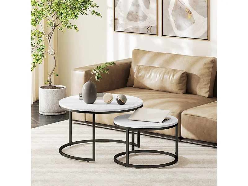 Lot de 2 tables basses rondes gigognes empilables LIORA blanc