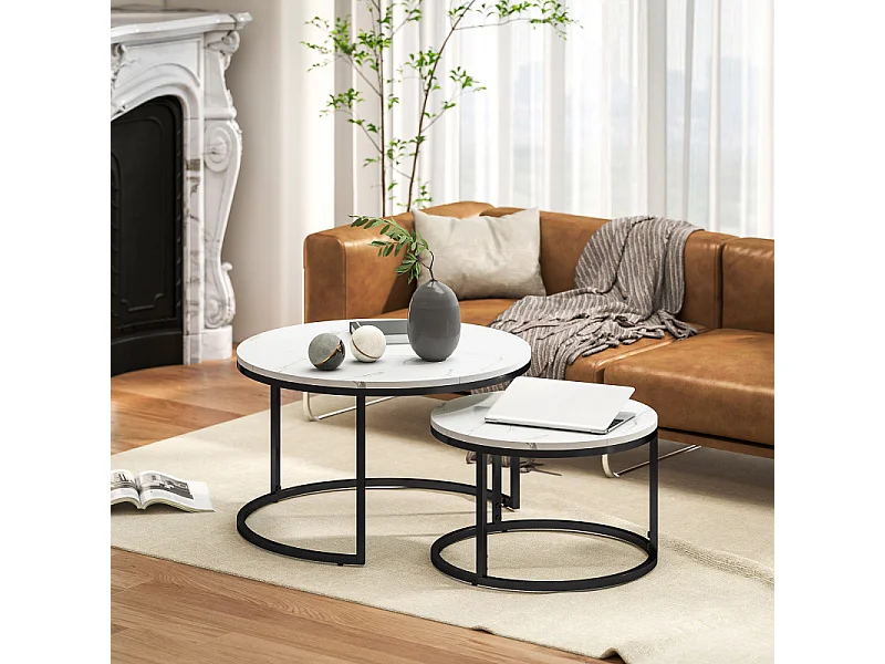 Lot de 2 tables basses rondes gigognes empilables LIORA blanc