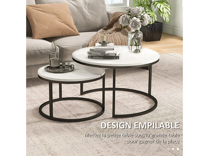 Lot de 2 tables basses rondes gigognes empilables LIORA blanc