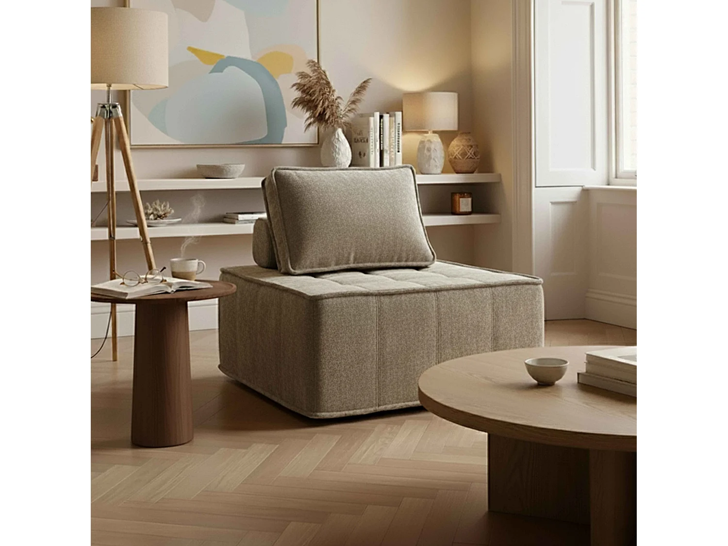 Fauteuil en tissu pour canapé modulable avec coussin taupe