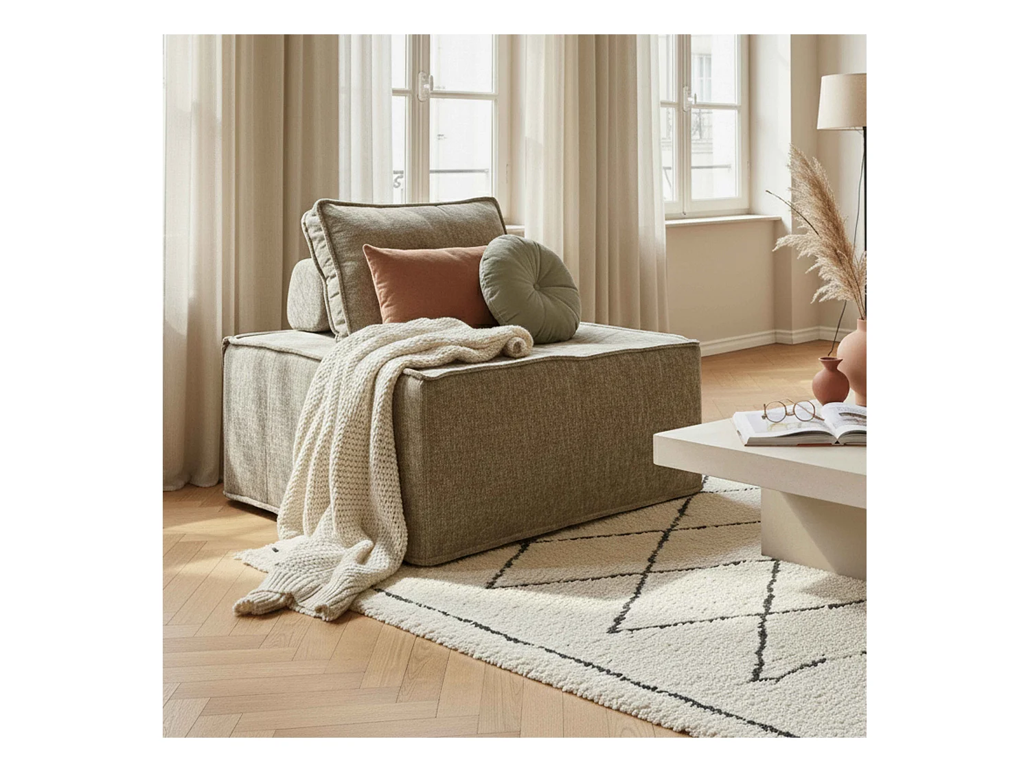 Fauteuil en tissu pour canapé modulable avec coussin taupe