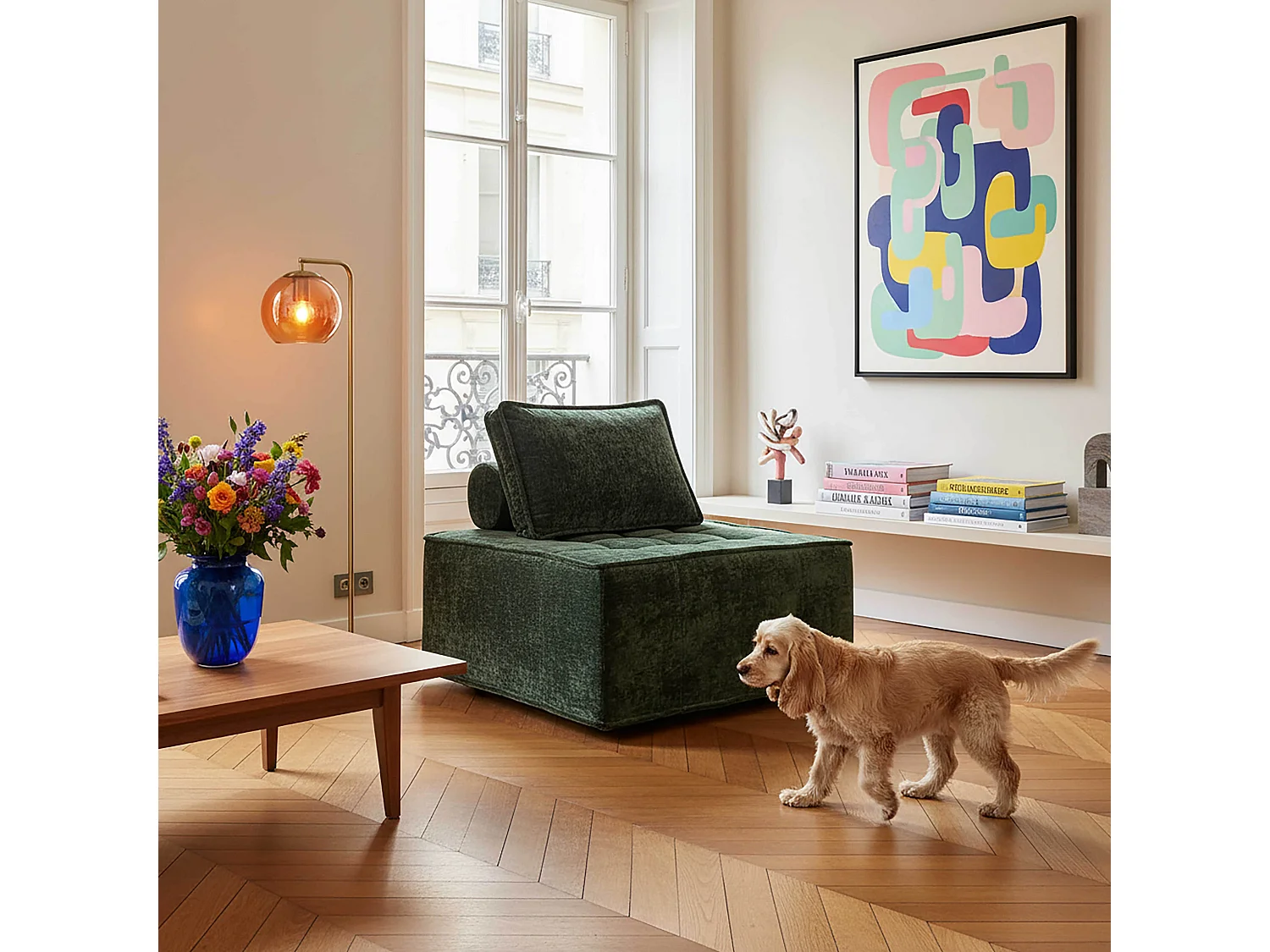 Fauteuil en tissu pour canapé modulable avec coussin vert