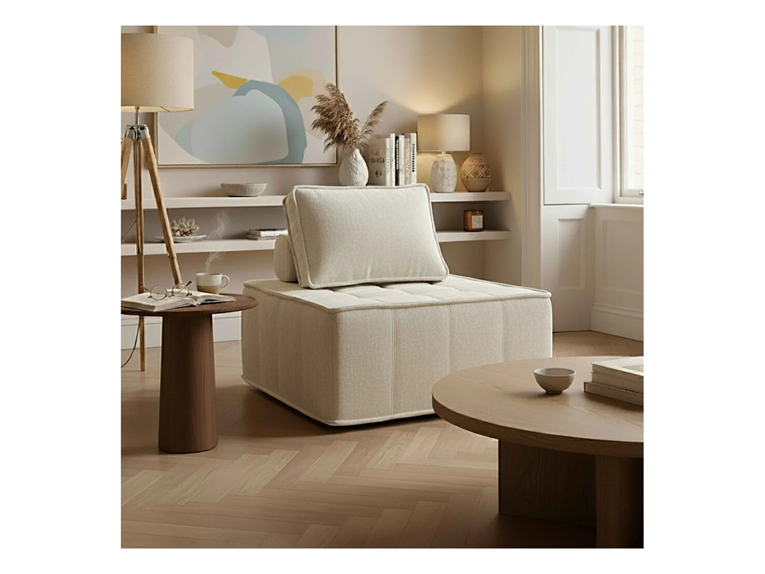 Fauteuil en tissu pour canapé modulable avec coussin ecru