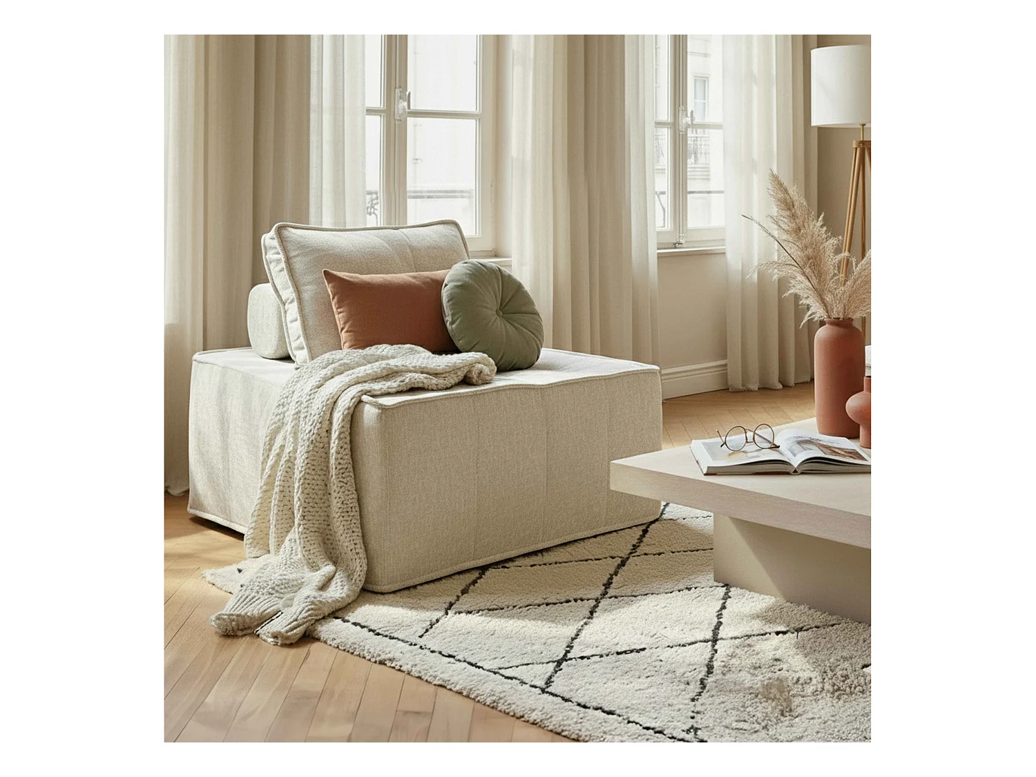 Fauteuil en tissu pour canapé modulable avec coussin ecru