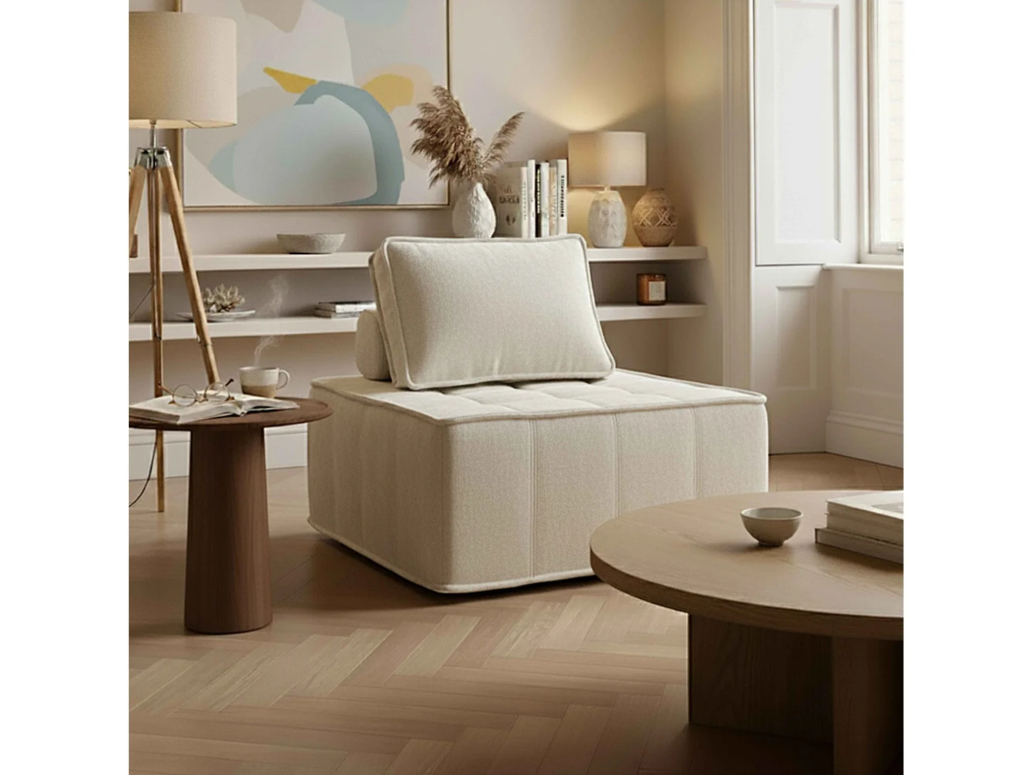 Fauteuil en tissu pour canapé modulable avec coussin ecru