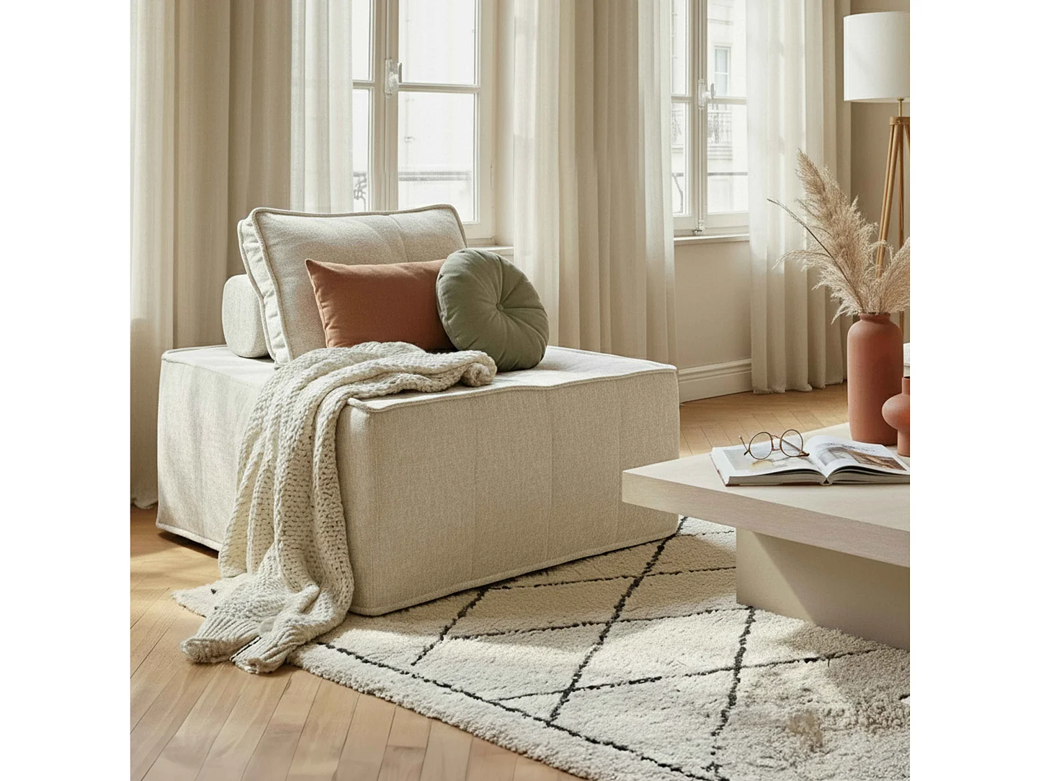 Fauteuil en tissu pour canapé modulable avec coussin ecru