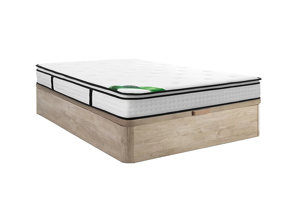 Ensemble 160 x 200 cm sommier coffre naturel clair + matelas ressorts ensachés 7 zones surmatelas intégré et coutil bambou ép.23cm - TAREVO de NATUREA