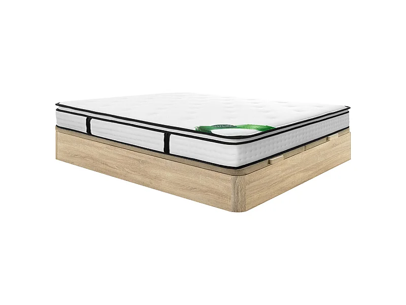 Conjunto 180 x 200 cm somier canapé natural claro + colchón de muelles ensacados 7 zonas, sobrecolchón integrado y tejido de bambú de 23cm de grosor - TAREVO de NATUREA