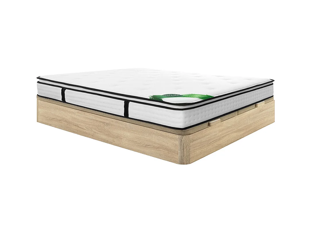 Sett 180 x 200 cm sengekasse i lys naturlig finish + pocketfjærmadrass med 7 soner, integrert overmadrass og bambusstoff, 23 cm tykkelse - TAREVO fra NATUREA