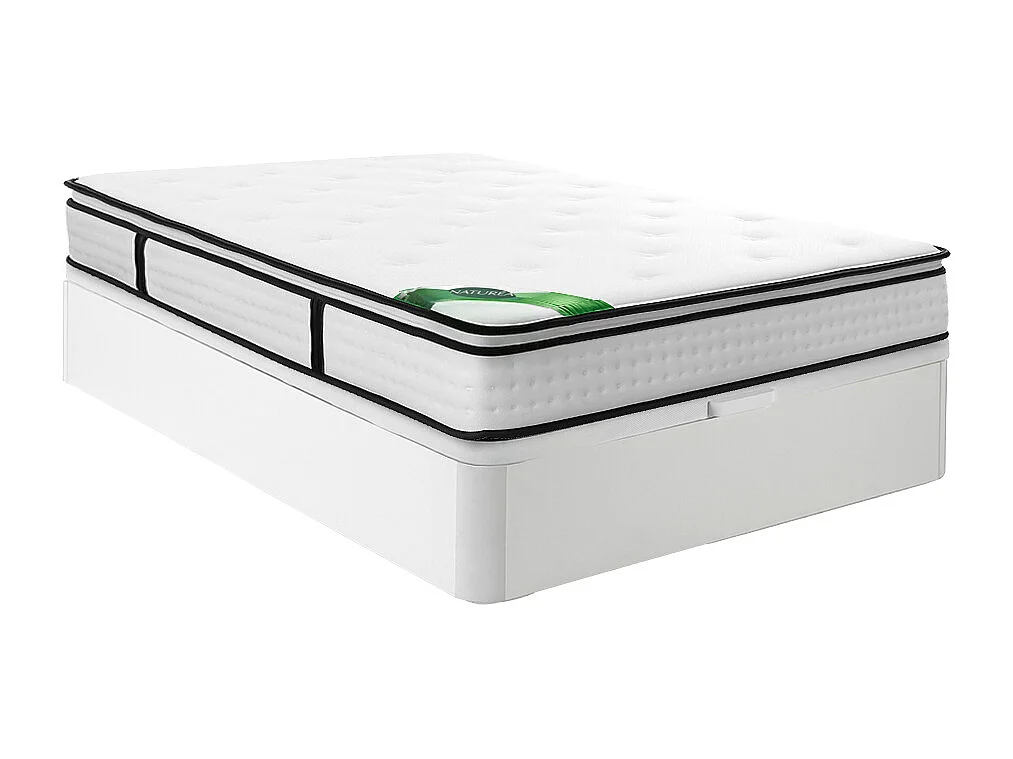 Ensemble 140 x 190 cm sommier coffre blanc + matelas ressorts ensachés 7 zones surmatelas intégré et coutil bambou ép.23cm - TAREVO de NATUREA