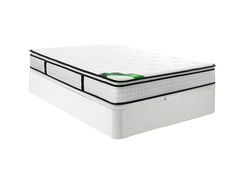 Ensemble 160 x 200 cm sommier coffre blanc + matelas ressorts ensachés 7 zones surmatelas intégré et coutil bambou ép.23cm - TAREVO de NATUREA