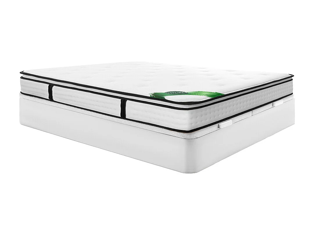 Ensemble 180 x 200 cm sommier coffre blanc + matelas ressorts ensachés 7 zones surmatelas intégré et coutil bambou ép.23cm - TAREVO de NATUREA