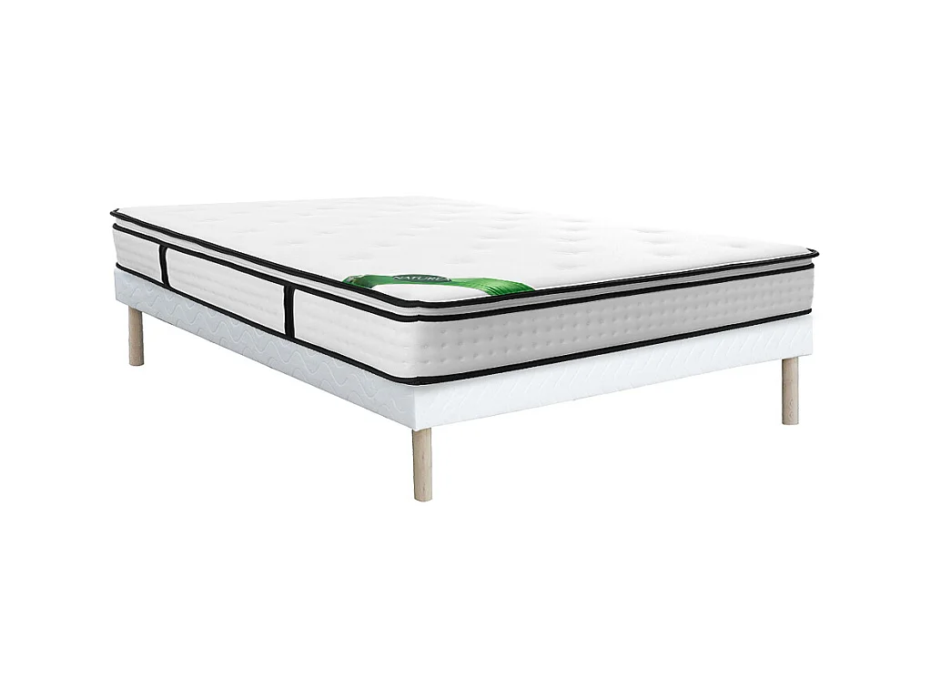 160 x 200 cm sett med stoppet sengeramme + pocketfjærmadrass med 7 soner, integrert overmadrass og bambus-trekk, 23 cm - TAREVO fra NATUREA