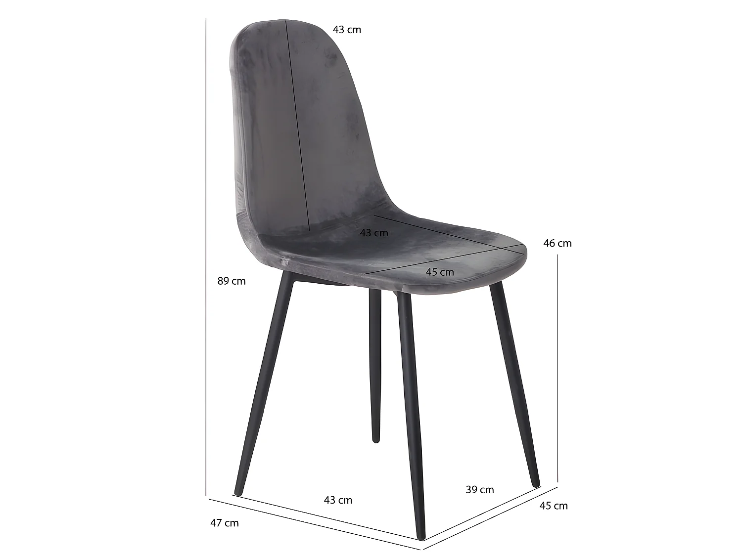 Lot de 2 chaises en velours gris foncé et pieds métal noir - BIBA