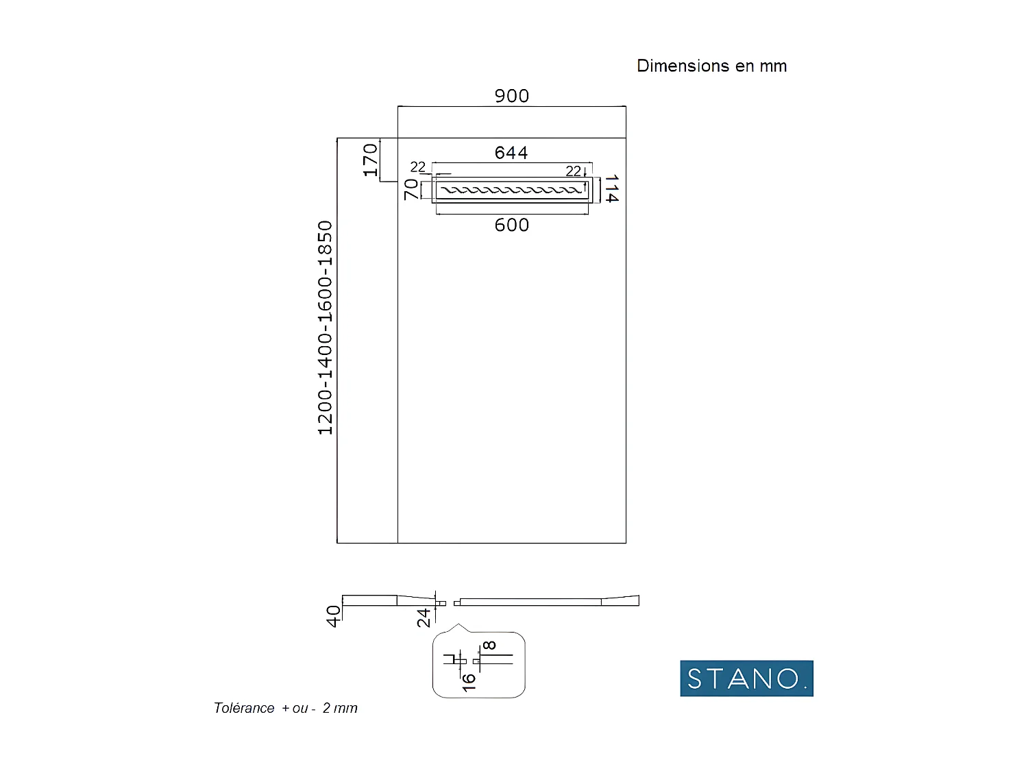 Receveur de douche à carreler 90 x 140 cm ELIO 4 pentes grille linéaire et bonde incluses