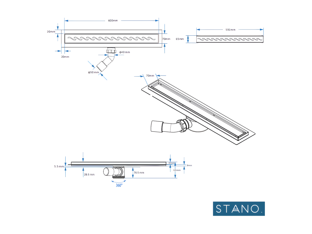 Piatto doccia da piastrellare ELIO 4 pendenze griglia lineare e scarico inclusi 90 x 140 cm