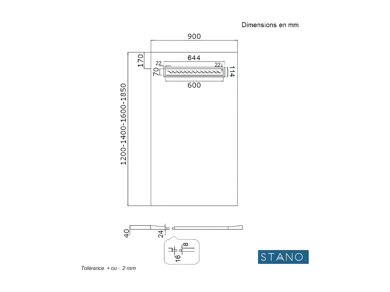 Receveur de douche à carreler 90 x 120 cm ELIO 4 pentes grille linéaire et bonde incluses