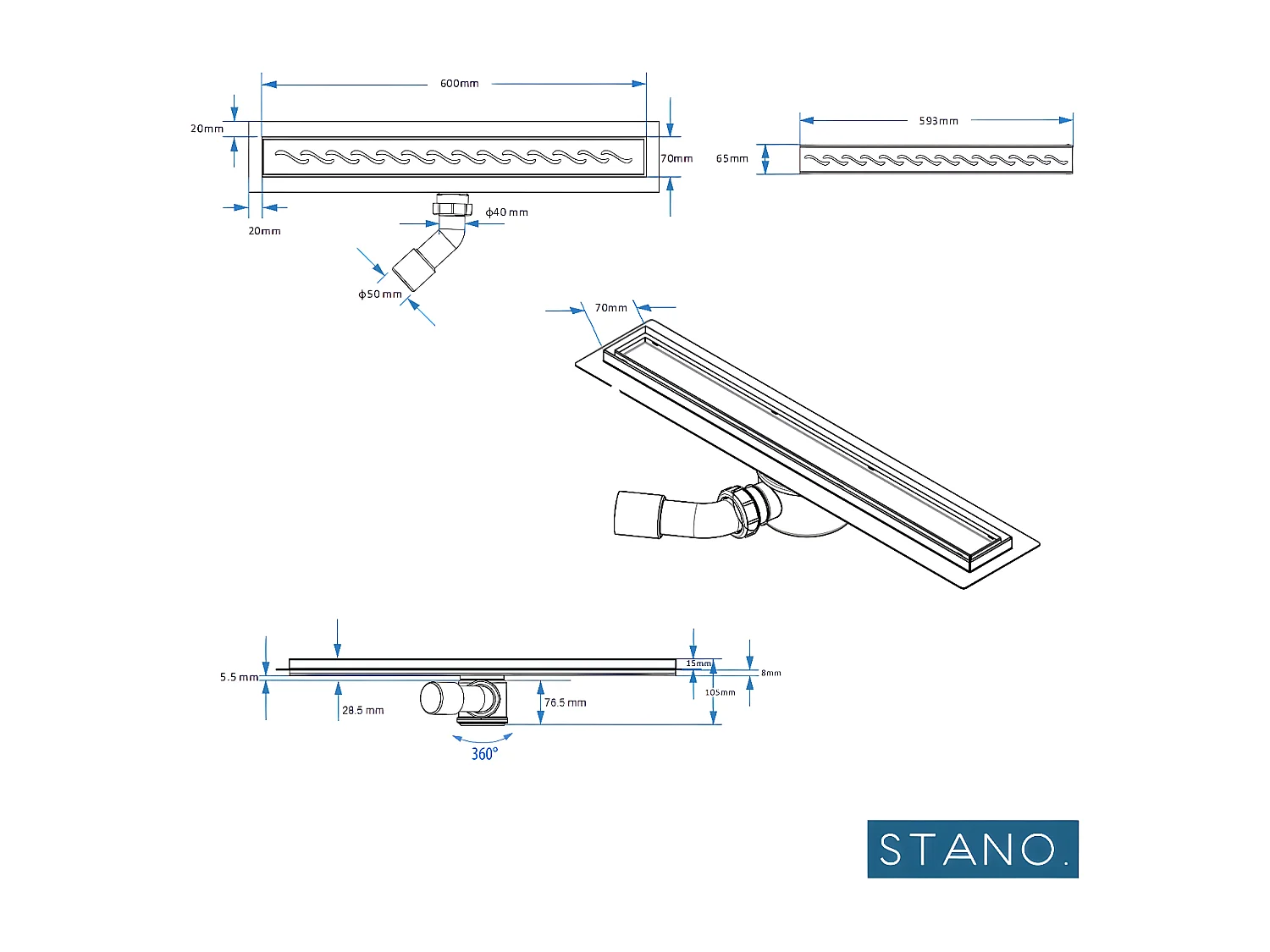 Receveur de douche à carreler 90 x 120 cm ELIO 4 pentes grille linéaire et bonde incluses