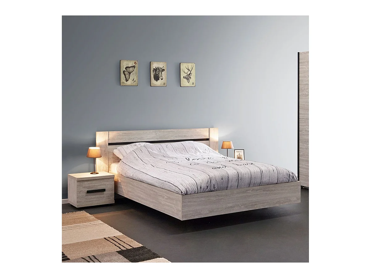 MARJORIE - Lit 140x190cm Structure Effet Bois Grisé Style Comtemporain