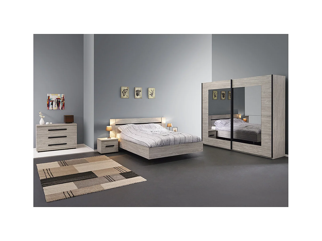 MARJORIE - Lit 140x190cm Structure Effet Bois Grisé Style Comtemporain