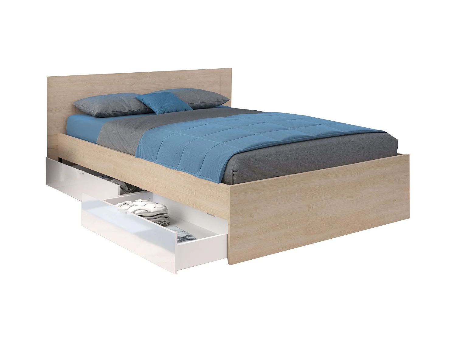 Cama Doble John c/cajones Roble Brooklyn y Blanco Shiny 160x200 cm