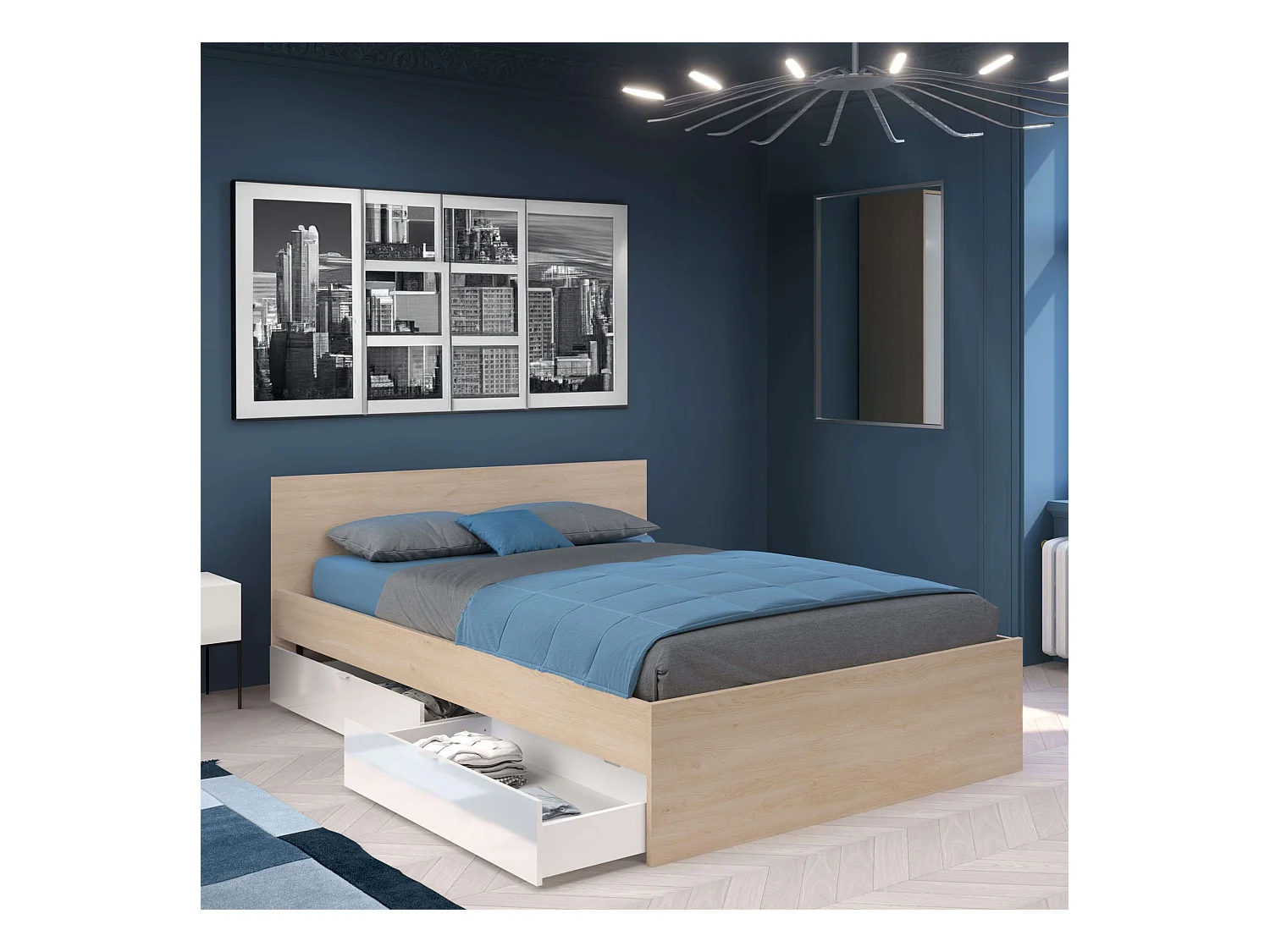 Cama Doble John c/ cajones Roble Brooklyn y Blanco Shiny 135-140x190 cm