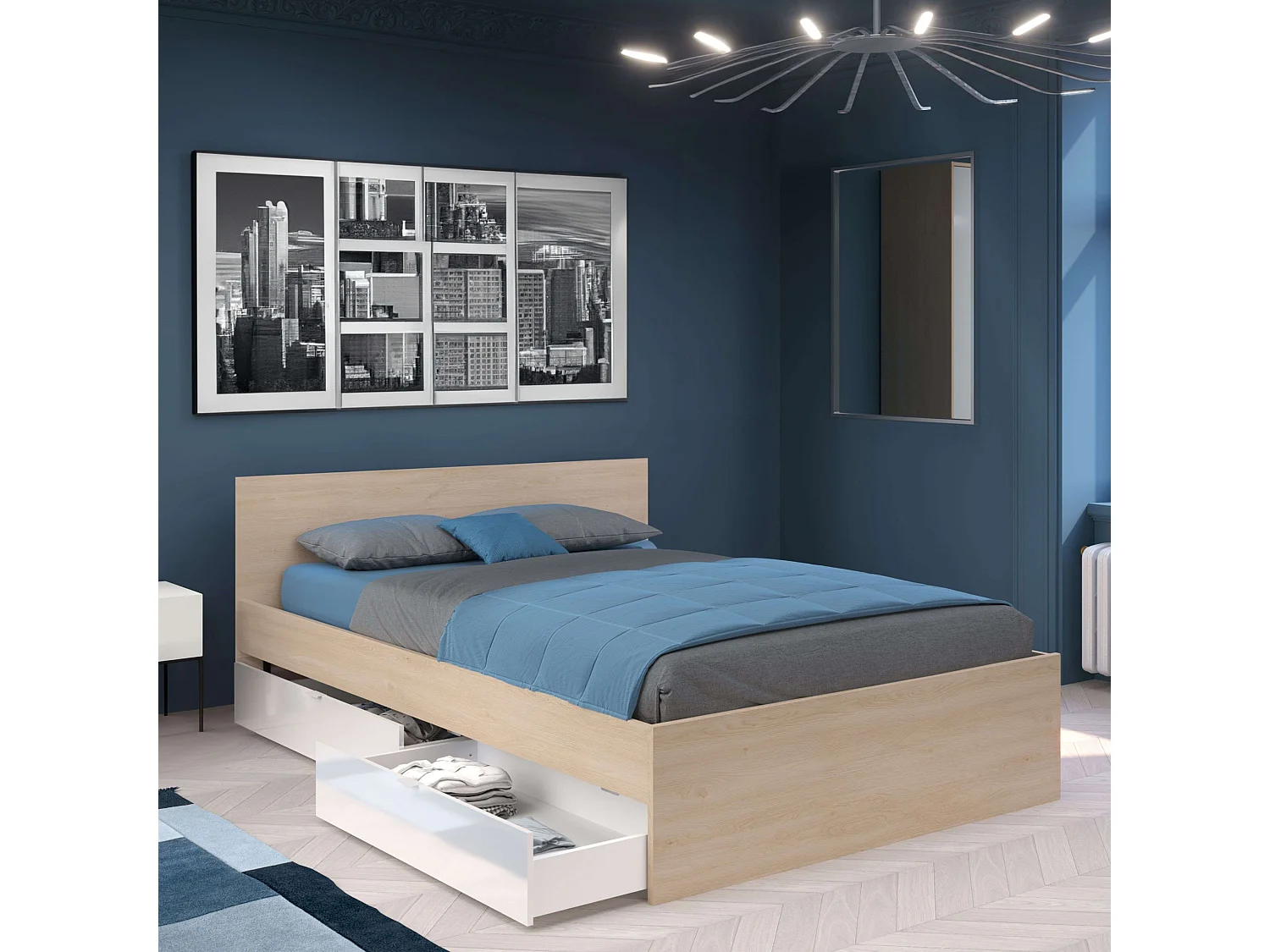 Cama Doble John c/ cajones Roble Brooklyn y Blanco Shiny 135-140x190 cm