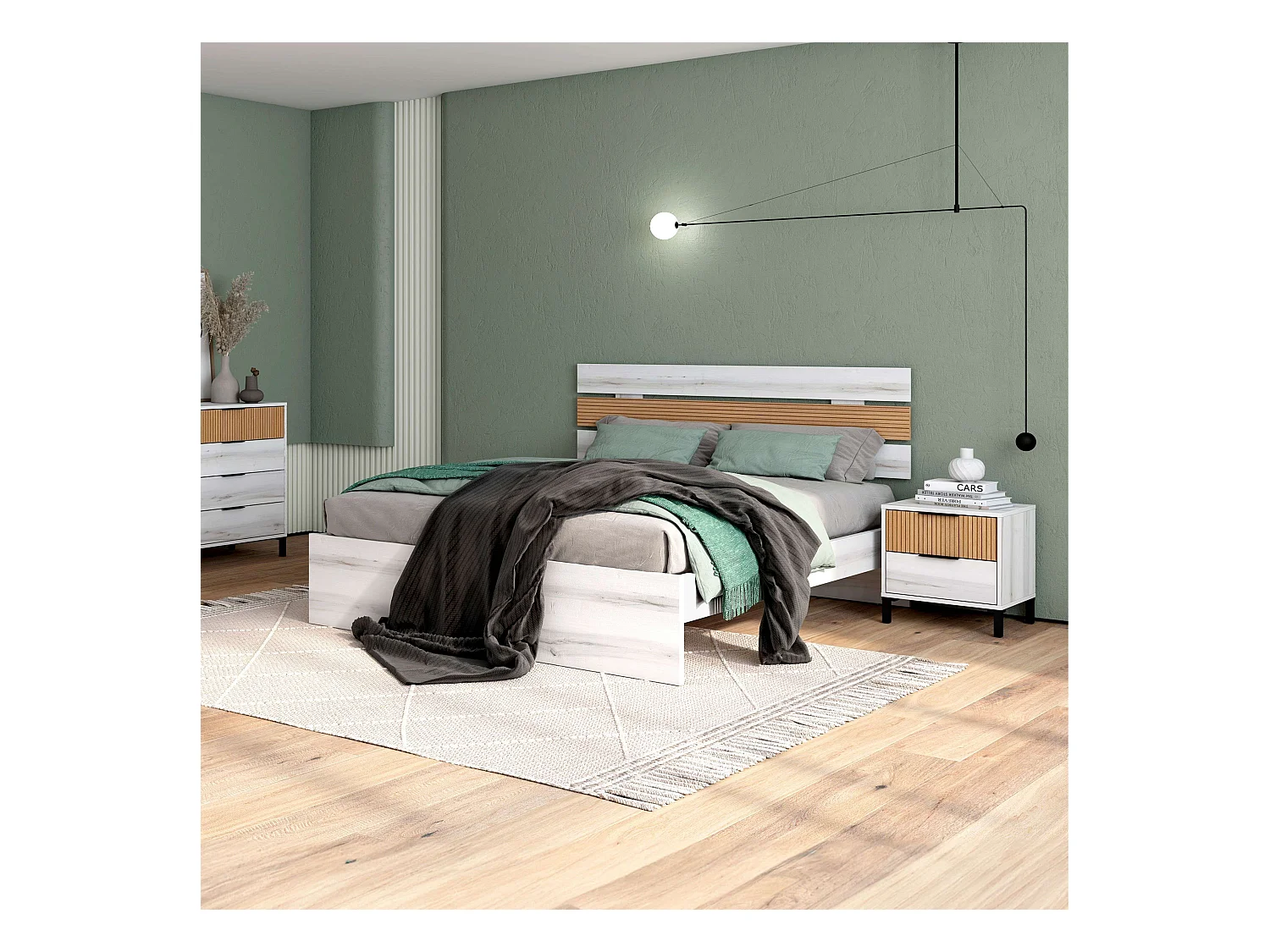 Chambre à coucher avec lit double contemporain blanc Hoop 150x190 cm