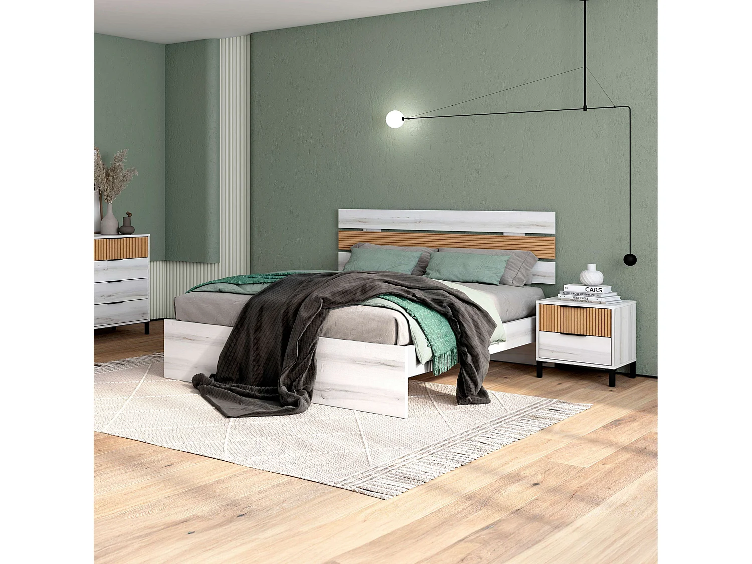 Chambre à coucher avec lit double contemporain blanc Hoop 150x190 cm